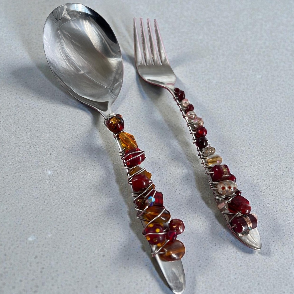 Vintage Stainless Steel Boho Beaded Wire Wrapped Whimsigoth Serving Spoon & Fork